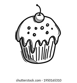 icono del vector del doodle de cupcake. Línea dibujada a mano en la ilustración del esbozo de dibujo.