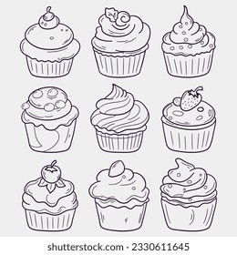Cupcake doodle vector illustration. Hand drawn cupcake symbol icon set.