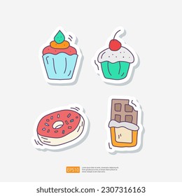 Cupcake, Doughnut or Donut Cake, Black Chocolate Bar. Doodle Sticker Icon Set. Cafe Concept Vector Illustration