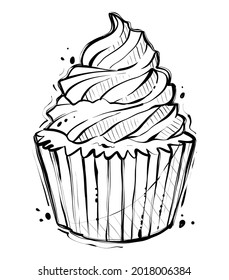 Cupcake drawing, hand drawn vector, monochrome