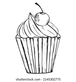 Cupcake, cupcake drawn in linear doodle style. Illustration for the menu of cafes and restaurants.