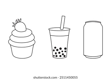 Cupcake, drinks, soda can illustration 