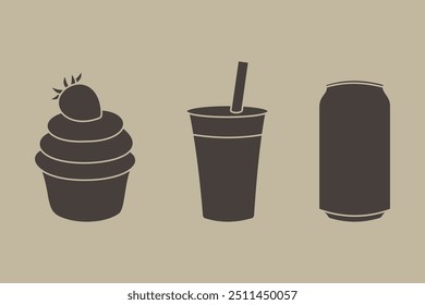 Cupcake, drinks, soda can illustration 