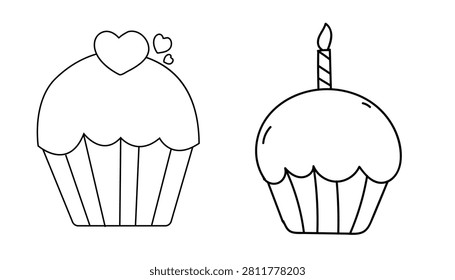 Cupcake Duo Line Art Vector Illustration.