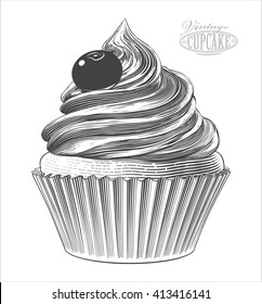 Cupcake in engraving style. Vector  illustration, isolated, grouped on transparent background.