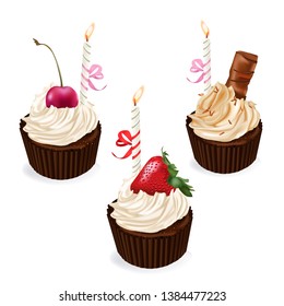 Cupcake, fairy cake. 3d realistic vector icon set 