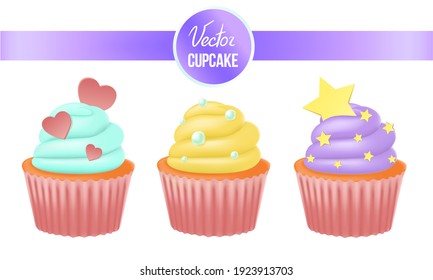 Cupcake, fairy cake. 3d realistic vector icon set Cupcake vector set on white background. Sweet pastries are decorated with a heart, lingonberries.