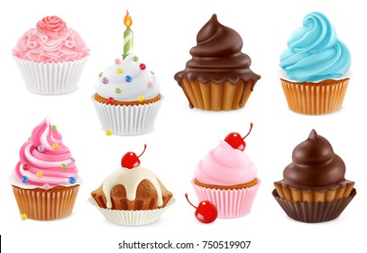 Cupcake, fairy cake. 3d realistic vector icon set - Shutterstock ID 750519907