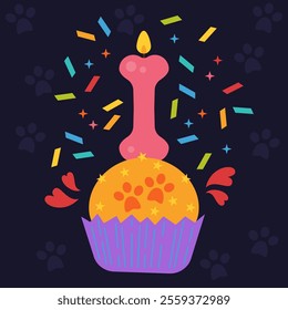 Cupcake, fairy cake, bun, small cake with bone candle. Dogust 1st: Universal Birthday for Shelter Dogs. Birthday party background. Birthday party. Party decoration