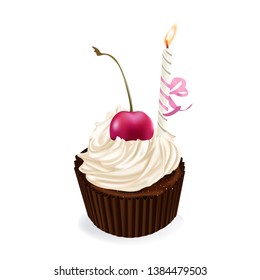 Cupcake, fairy cake. Cherry muffin. 3d realistic vector