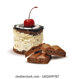 Cupcake, fairy cake with cherry. Pastry with cream and cherries low poly. Delicious porous chocolate. Dessert for tea. Vector illustration. Pastry with cream in triangulation technique. 