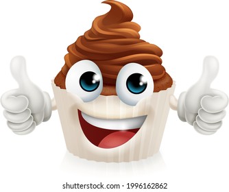 A cupcake or fairy cake cream chocolate muffin cartoon mascot character with chocolate whipped icing frosting
