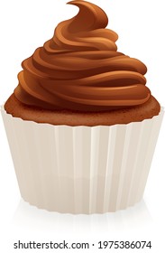 A cupcake or fairy cake cream muffin with chocolate whipped icing frosting