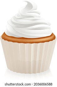 A cupcake or fairy cake cream muffin with whipped icing frosting