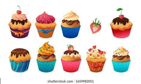 Cupcake, Märchenkuchen. Symbol für realistische Vektorillustration gesetzt. Yummy-Nachtisch mit Beeren, Schokolade und Eis dekoriert