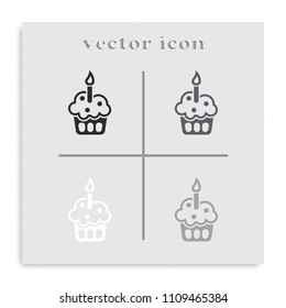 Cupcake with festive candle flat black and white vector icon.
