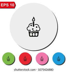 Cupcake with festive candle flat round colorful vector icon.