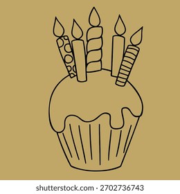 Cupcake con cinco velas encendidas Polka Dot, raya, Diseños en espiral Ilustración de celebración de arte de línea negra sobre fondo bronceado