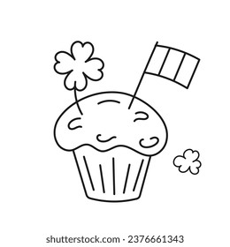 Cupcake with flag and clover vector in Doodle. Isolated icon black line. Festive Bakery outline. Holiday paraphernalia for sticker, cover, postcards, print, social media, icon.