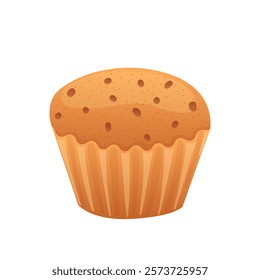 Cupcake in flat design. Sweet brown muffin in cup with chocolate chips. Vector illustration isolated.