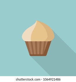 Cupcake flat icon with long shadow isolated on blue background. Simple cupcake in flat style, vector illustration for web and mobile design. Sweets vector sign symbol.