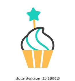 Cupcake flat line icon with candy. Color birthday party muffin decorated swirl whipped buttercream. Sweet festive dessert. Tasty homemade snack. Abstract minimal treat logo design vector illustration.