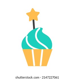 Cupcake flat line icon with candy. Birthday party muffin decorated swirl whipped buttercream. Sweet festive dessert. Tasty homemade snack. Abstract minimal color treat logo design vector illustration.