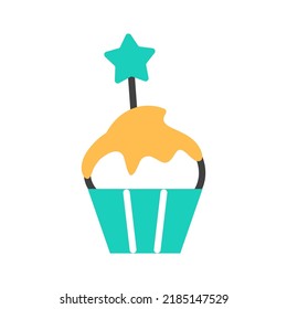 Cupcake flat line icon with candy. Color birthday party vanilla muffin decorated swirl whipped buttercream. Sweet festive dessert. Tasty homemade snack. Minimal treat logo design vector illustration.