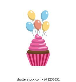 Cupcake in flat style decorated with toppers isolated on white background. Cakes for a festive sweet table.