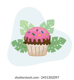 Cupcake flat vector Illustration Icon decorated with leaves for web use for dessert, bakery, frosting, muffin, cake.