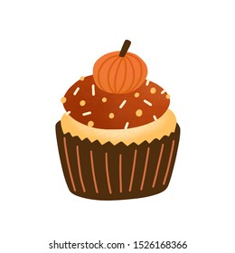 Cupcake flat vector illustration. Tasty muffin decorated with chocolate icing and pumpkin candy isolated on white. Delicious pastry, traditional autumn biscuit. Baked dessert, cake design element.