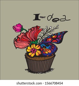 cupcake with flower and butterfly abstract vector illustration