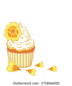 
Cupcake with a flower. Color image of a cupcake that is decorated with an edible flower and petals on a white background. There is a place for text. Design element. Vector illustration.