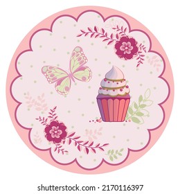 Cupcake, flowers, butterfly on round pattern frame. Soft pink, green colors. Vector illustration.