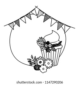 cupcake with flowers and garlands circular frame