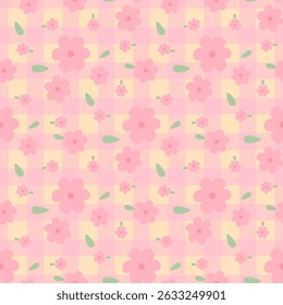 Flores de bolinho em fundo amarelo e rosa, padrão de tecido, padrão xadrez, papel de embrulho para presente, padrão sem costura 