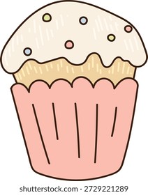 Cupcake in geriffeltem Wrapper mit Frosting und Sprint Detail, mit sauberen Strichen umrissen. Symbol der Süße, Party Leckerbissen, und Feier Bäckerei Charme. Cartoon, Vektorgrafik.