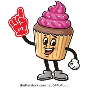 Cupcake with Foam finger,  Cartoon Character Mascot Illustration Vector Clip-art Hand-drawn Logo Design