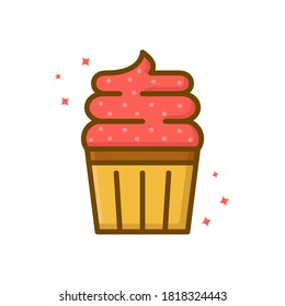 Cupcake Food Vector Logo Cartoon Sticker. Cake Gourmet Dessert Fastfood Icon Filled Line Style. Food Bakery And Cake Symbol Illustration