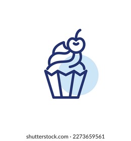 Cupcake with frosting and cherry on top. Yummy sweet treat. Pixel perfect, editable stroke line icon