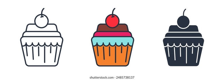 cupcake with frosting and a cherry on top Icon symbol vector illustration isolated on white background