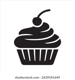 Cupcake with Frosting and Cherry Silhouette Icon – Minimal Dessert Vector Design	