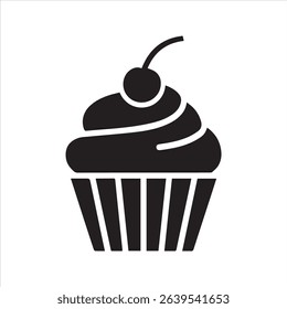 Cupcake with Frosting and Cherry Silhouette Icon – Minimal Dessert Vector Design	