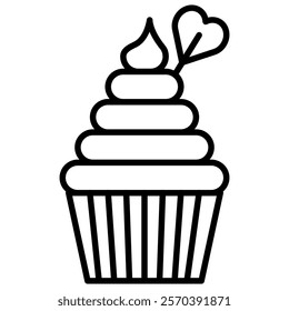 Cupcake with frosting and a heart decoration, line art icon illustration. Perfect for Valentine's Day, romantic themes, and correspondence-related designs.