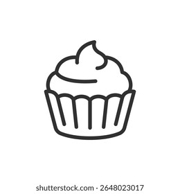 Cupcake com glacê, ícone linear. Pequena sobremesa doce para festas ou lanches. Linha com traçado editável.
