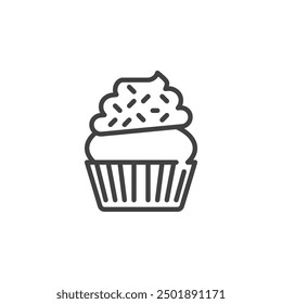 Cupcake with frosting and sprinkles line icon. linear style sign for mobile concept and web design. Cupcake outline vector icon. Symbol, logo illustration. Vector graphics