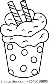 A cupcake with frosting and two striped straws in a polka dot cup, drawn in a cartoon style. The dessert features playful design with circular patterns. Cartoon vector illustration.