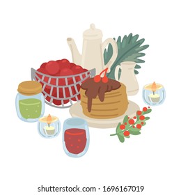Cupcake, fruits and teapot. Design for cafe menu. Isolated on white background. Vector cartoon illustration
