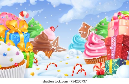 Cupcake, Gift Box. Winter Sweet Landscape. Christmas Background. 3d Vector Illustration