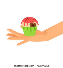 Cupcake gift islated vector illustration. Hand holding pastry cupcake decorated with chocolate heart